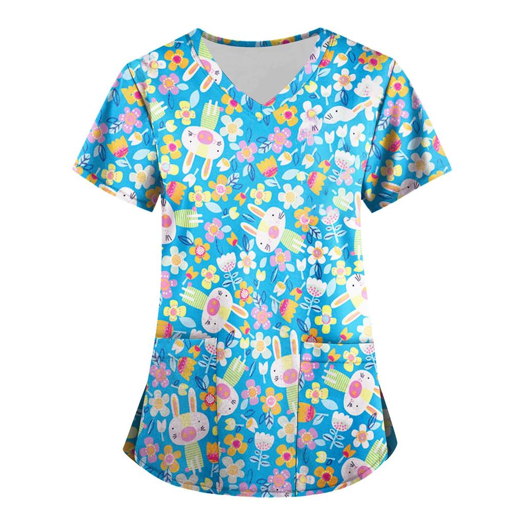 Women's Fashion V-neck Short Sleeve Workwear With Pockets Printed Tops