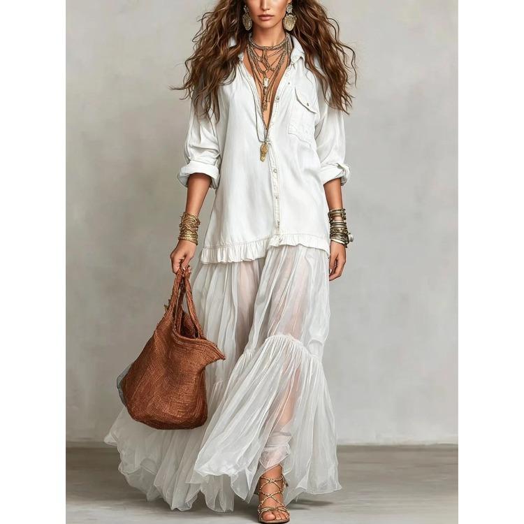 Women Denim Print Mesh Maxi Dress Casual V Neck Long Sleeve Tiered Ruffle Beach Vacation Dress