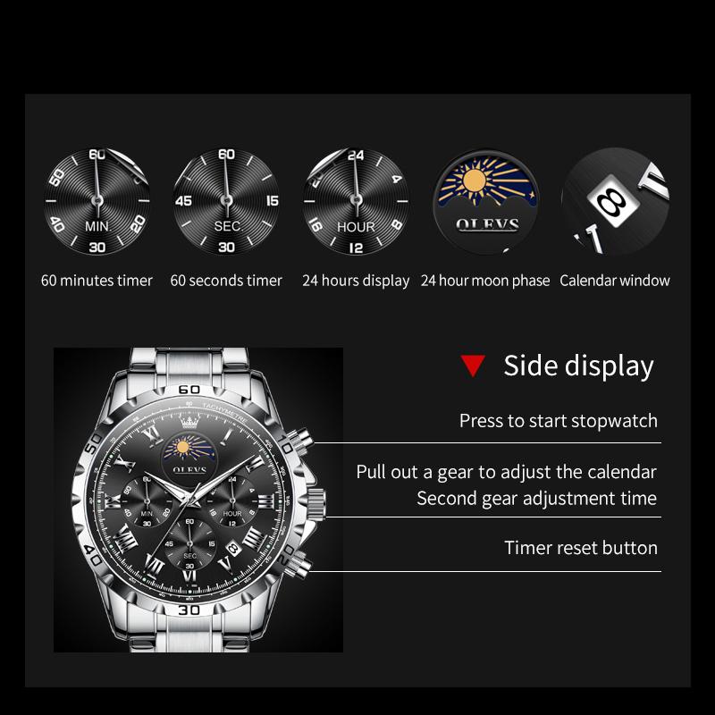 OLEVS 2950 Men's Quartz Wristwatch 24 Hour Moon Phase Chronograph Auto Date Luxury Man Watch Original Waterproof Watches for Man
