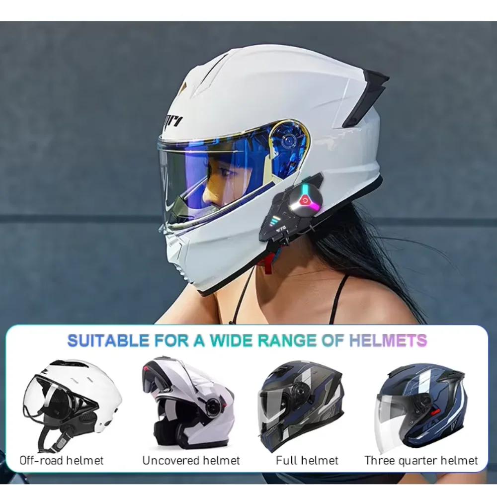 2026 Y70 Motorcycle Bluetooth Helmet Headset Earphone Colorful Lights IPX6 Waterproof Dual Connection Support for 2 Phones