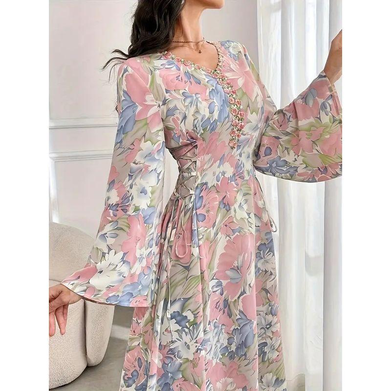 

New Arrival Fashion V Neck Lace-up Waist-Controlled Dress Retro Trumpet Sleeve Tight Waist Floral Dress Color S