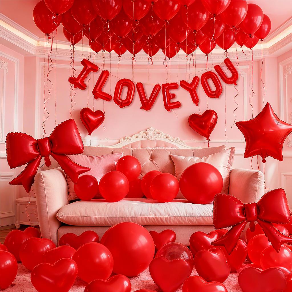 Red I LOVE YOU Balloon Set with Red Bow Star Aluminum Film Balloon Valentine's Day Wedding Anniversary Birthday Party Decoration