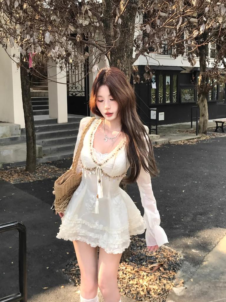 Double suit, middle invisible zipper, pure desire design embroidery dress, women's autumn long-sleeved waist skirt