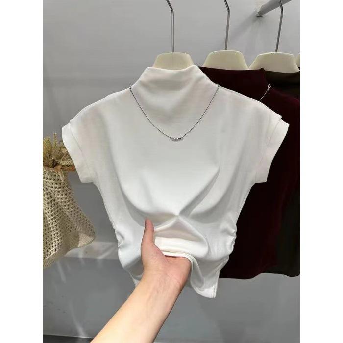 

Женская облегающая трикотажная футболка с полувысоким воротником и ожерельем – Короткий рукав, Мода весна-осень Small белый