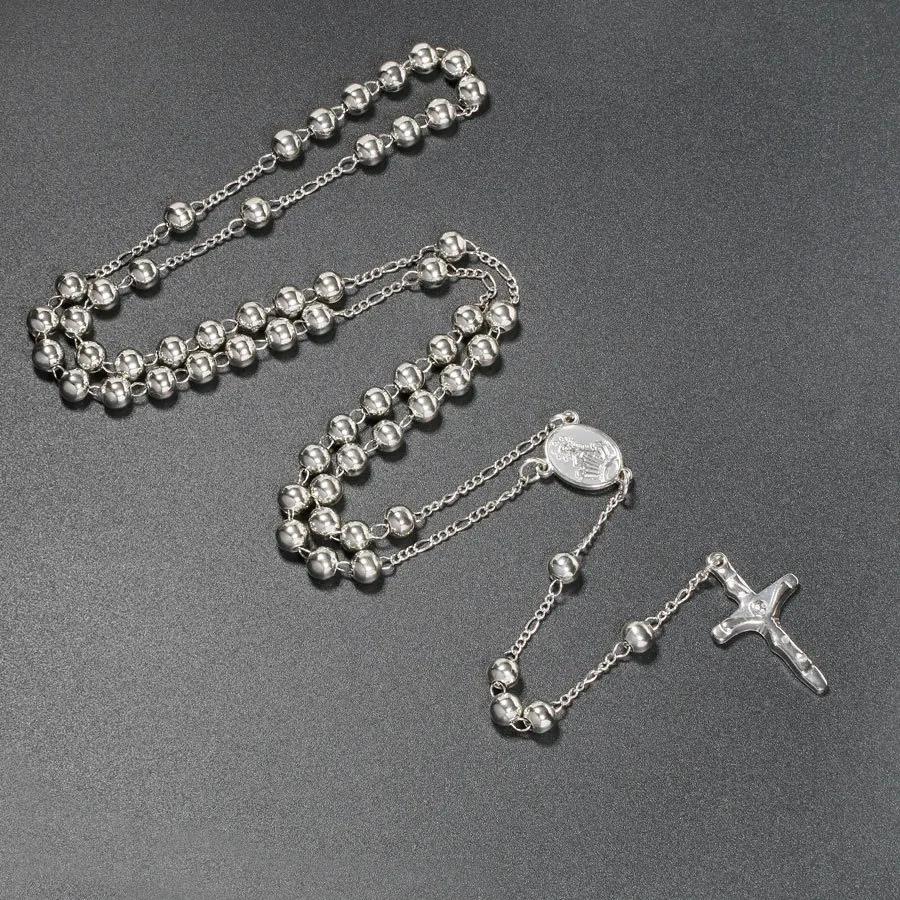 Catholic Rosary Pendant Necklaces For Women 6MM Beads Chain Crucifix Cross Long Necklace Men Religious Praye Jewelry