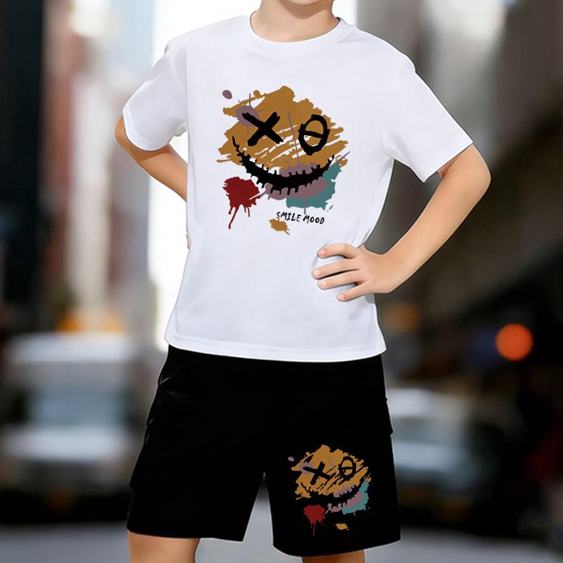 

Boys 2 Piece Graffiti Smiley Print outfit, Short Sleeve T-Shirt and Shorts Set for Kids Age 5-14,Black ,White Sporty Casual Summer Clothes 13-14 Years білий