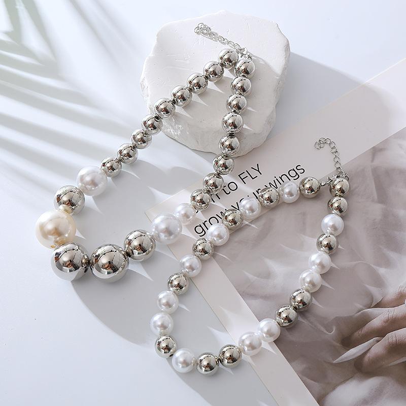 Necklace women's fashion style CCB round beads imitation pearl necklace hip hop stacked necklace with jewelry
