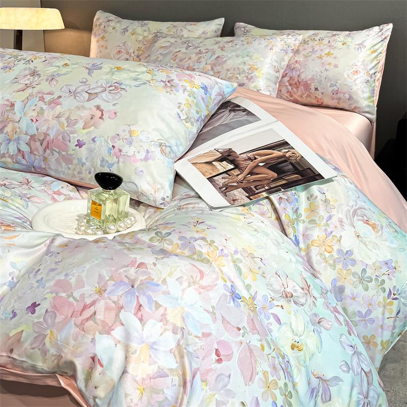 Flower Printed Duvet Cover Set Satin Silk Bed Cover Sets for Summer Queen/King Size Silky Plumones De Cama Coolling Bedding Set