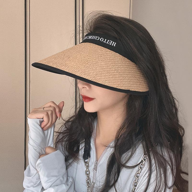 New Summer Vinyl Sun Protection and UV Headband  Straw Woven  Adult Empty Roof Letters  Large Hat Brim  Small Face