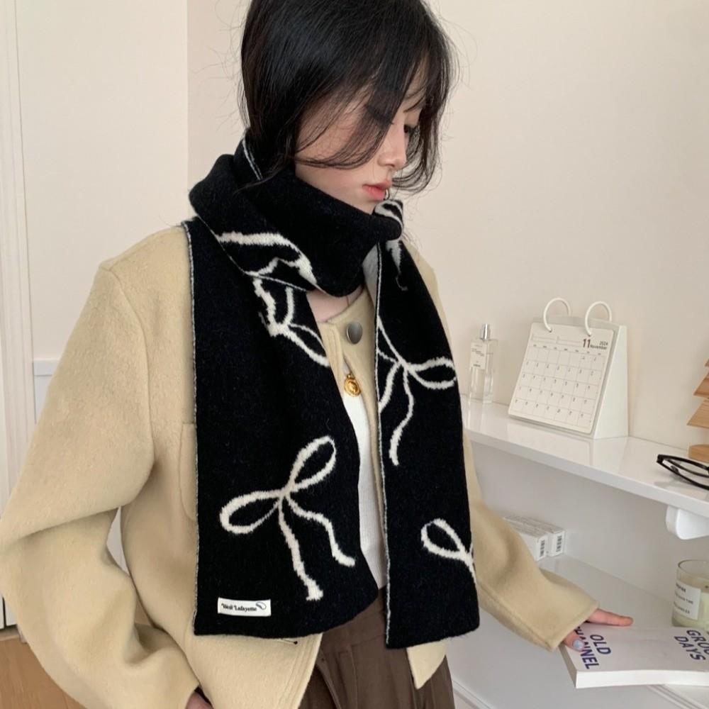 Double-Sided Bowknot Knitted Scarf Thickened Cashmere Scarves New Winter Wool Scarf  Women