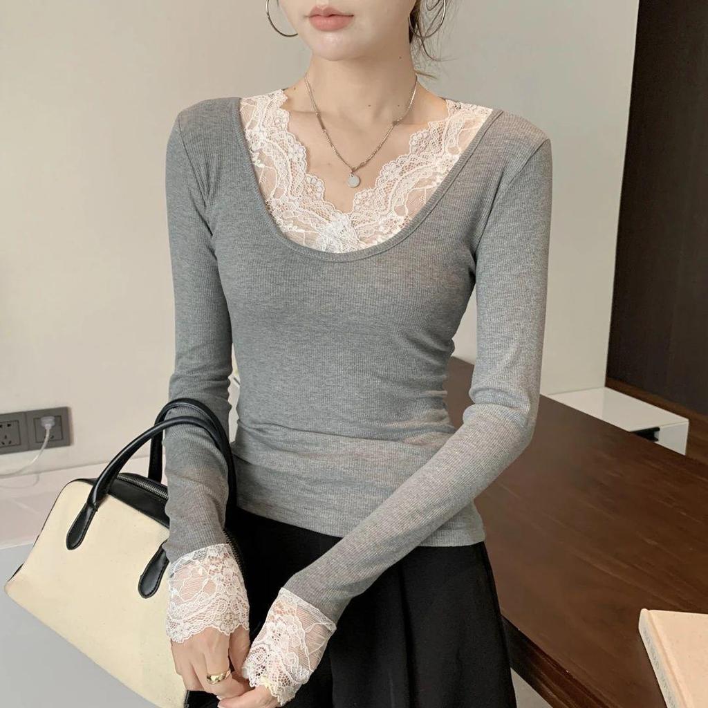 Women's Lace Splice Ribbed U-Neck Slim-Fit Long Sleeve Top for Autumn/Winter