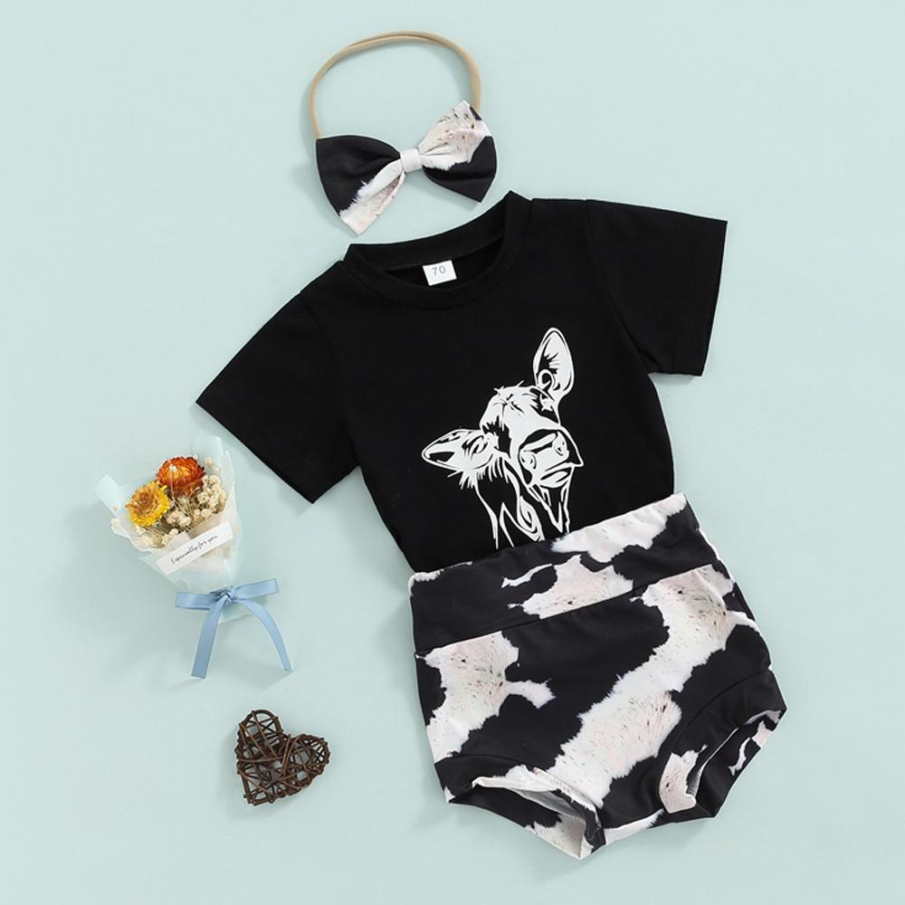 Verão Bebê Meninas Desenho Animado Vaca Estampada Camiseta + Shorts + Faixa de Cabelo 3PCS Roupas Roupas para 0-24 Meses