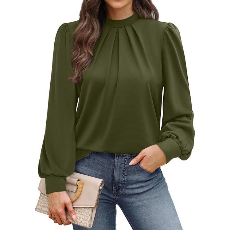 Spring Autumn Stand Collar Loose Casual Elegant Pullover Blouse Women Long Sleeve Solid Color Folds Shirt Top