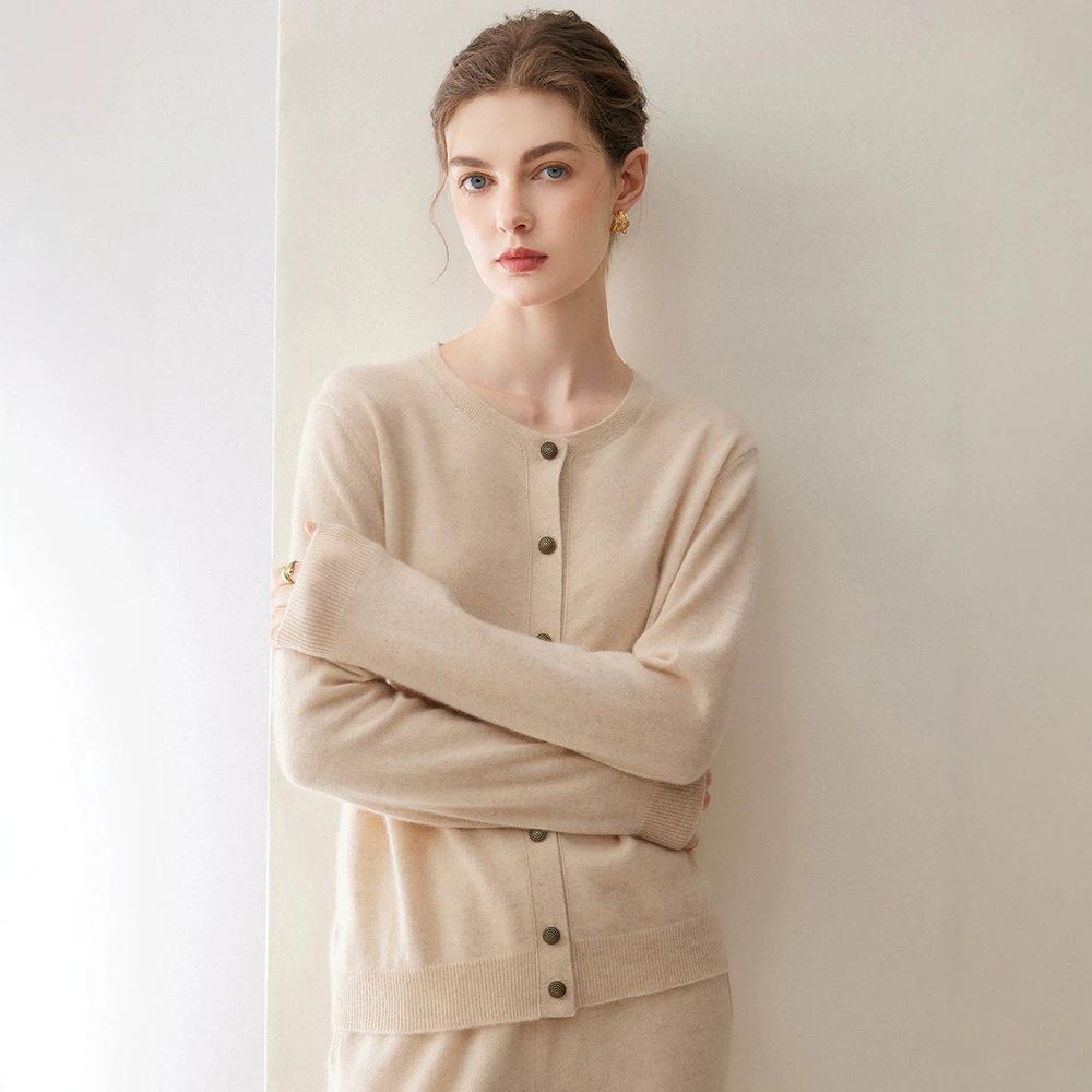 2026 Autumn/Winter Women's 100% Pure Cashmere Round Neck Cardigan Sweater