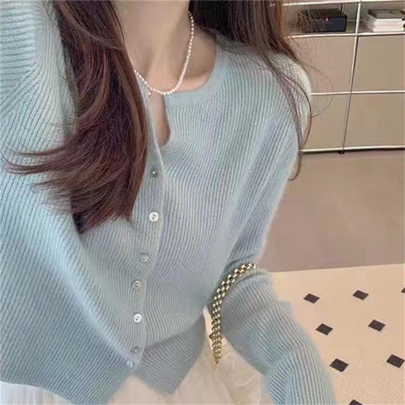 Autumn new gentle and simple style solid color single-breasted knitted cardigan women's casual versatile crew neck sweater women's