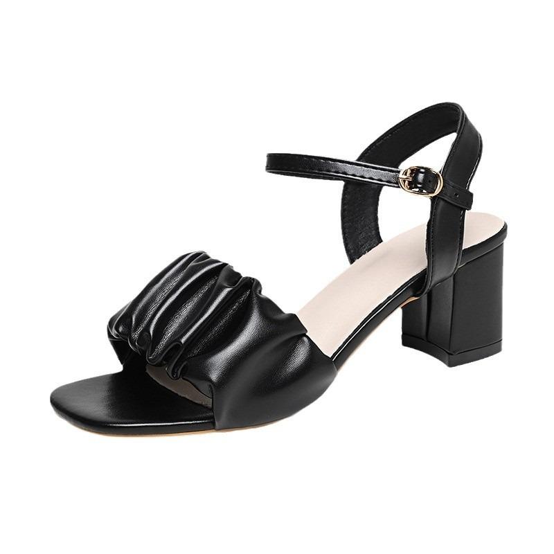 Fashion Hot Selling High-heeled Sandals Women Summer 2025 New Korean Version Versatile Fashion Thick Heel Pleated Straight Strap Fashion