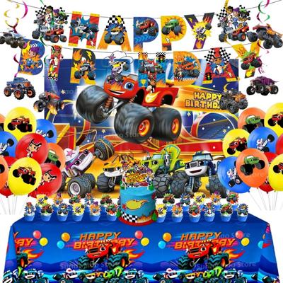 Blaze Monster Birthday Party Supplies Set Tablecloth Banner Cake Toppers Backdrop Balloons Machines Racing Theme Decor for Kids