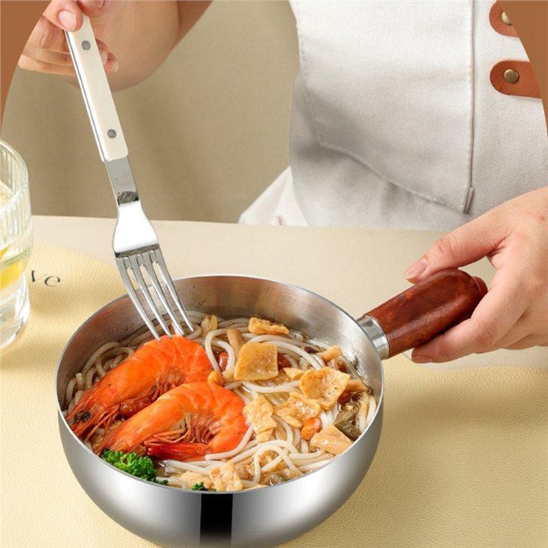 ABFS Single-Person Cooking Stainless Steel Small Pot Bowl Wood Handle Multi-Function Sauce Bowl Fruit Salad Yogurt Bowl