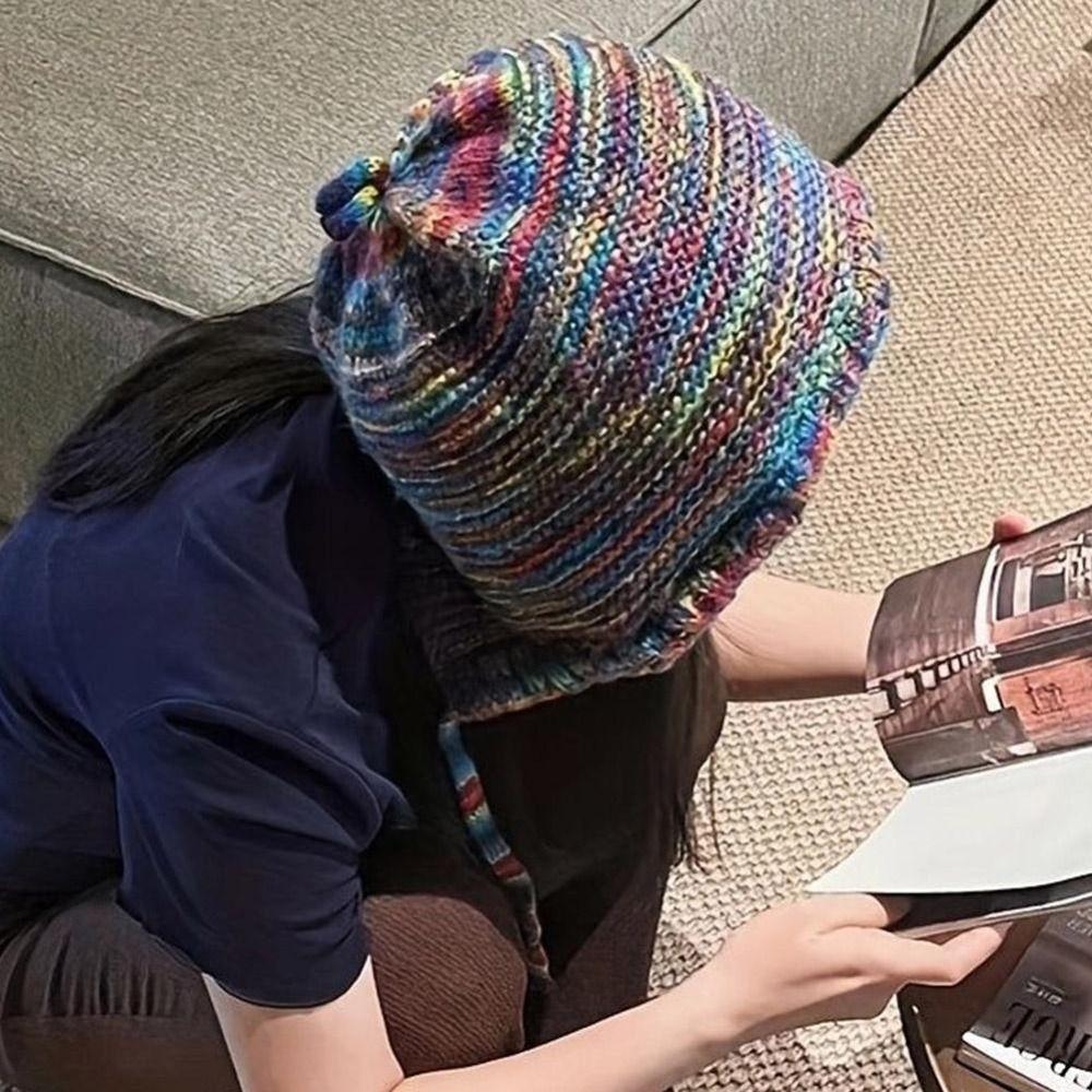 Gradient Wool Crochet Cap Rainbow Striped Winter Bucket Hat Thick Warm Ear Cap  For Women
