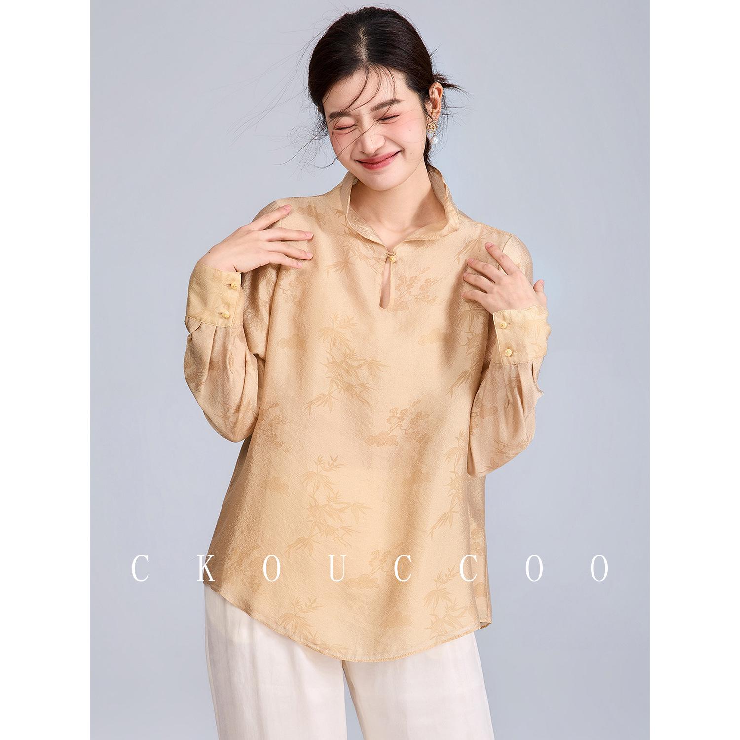 

Rongtai Women s Elegant Long-Sleeved Shirt with Half-Open Collar - 2026 Spring New Arrival, Old Money Style Print. Small жовтий