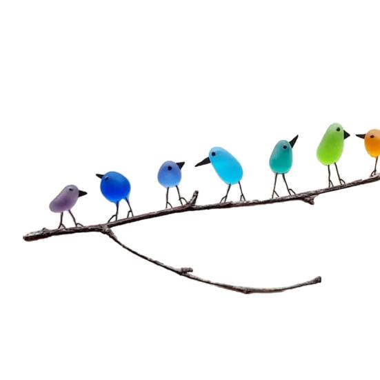 Sea Glass Rainbow Birds Decoration Standing on The Branch Cute Min Colorful Resin Bird Wall Art Ornament Living Room Bedroom Home Decor