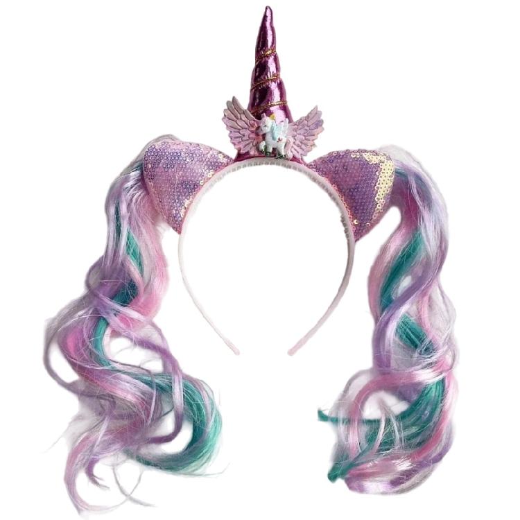 

Popular Horned Horn Headband with Wigs Hair For Children Lovely Fish Tail Hairhoop For Birthday Party And Theme Event