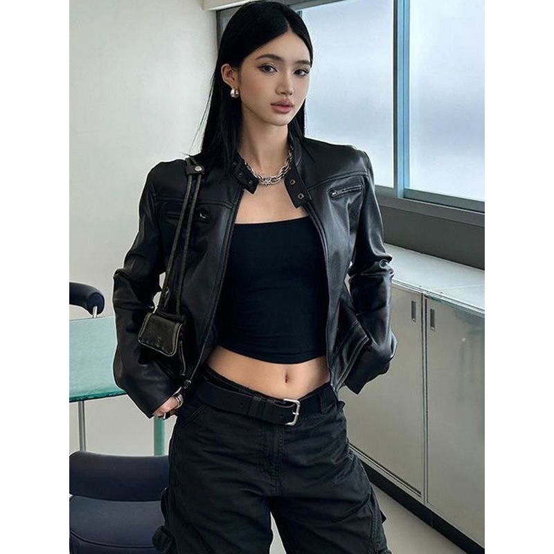 

Sexy Short Black Motorcycle PU Leather Coat Female Spring and Autumn New Arrival American Stylish Silm Jacket Tops Black Outwear S