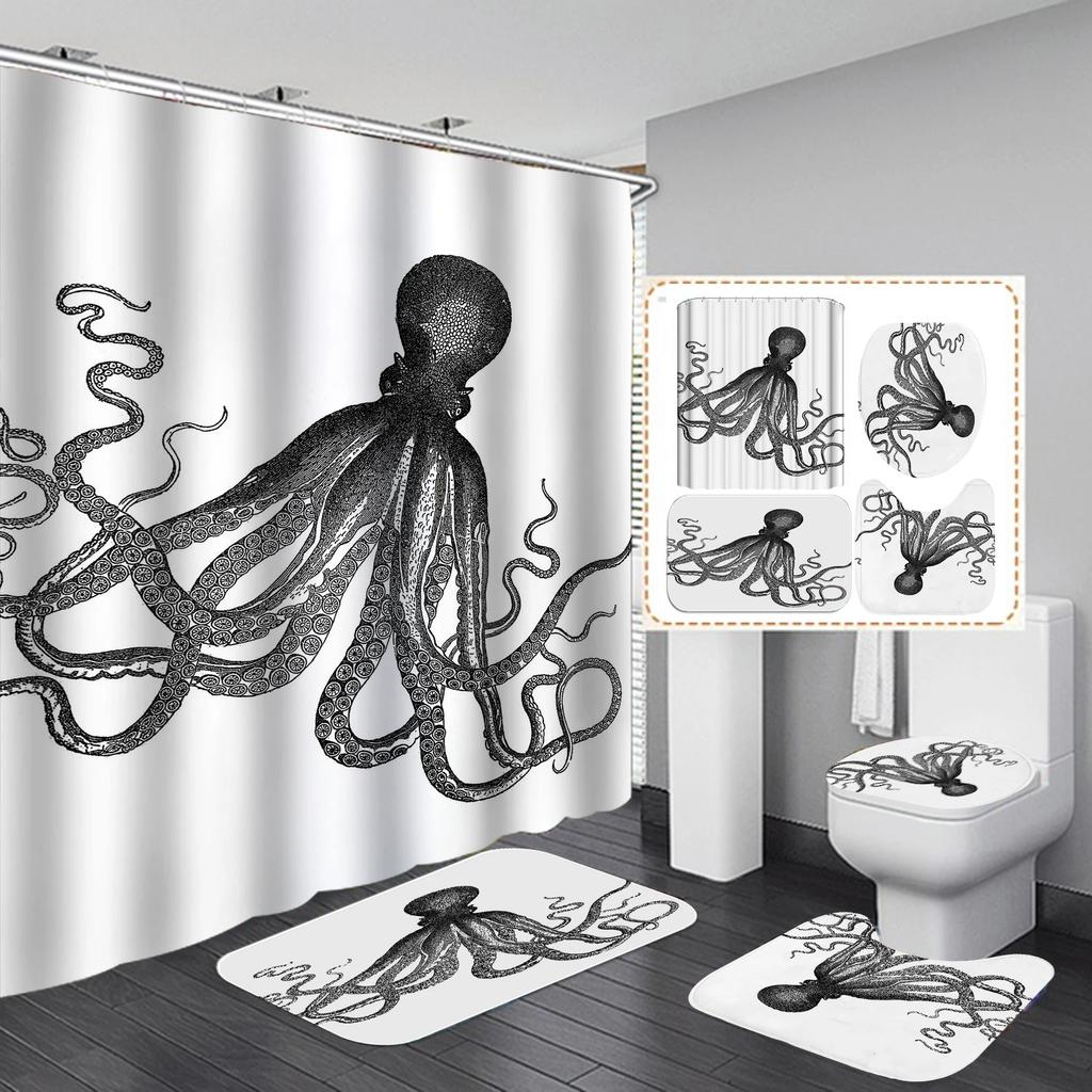 Ocean Monster Octopus Print Shower Curtain Set Waterproof Bathroom Curtain Set With Rugs Toilet Cover Mat For Bathroom Decor