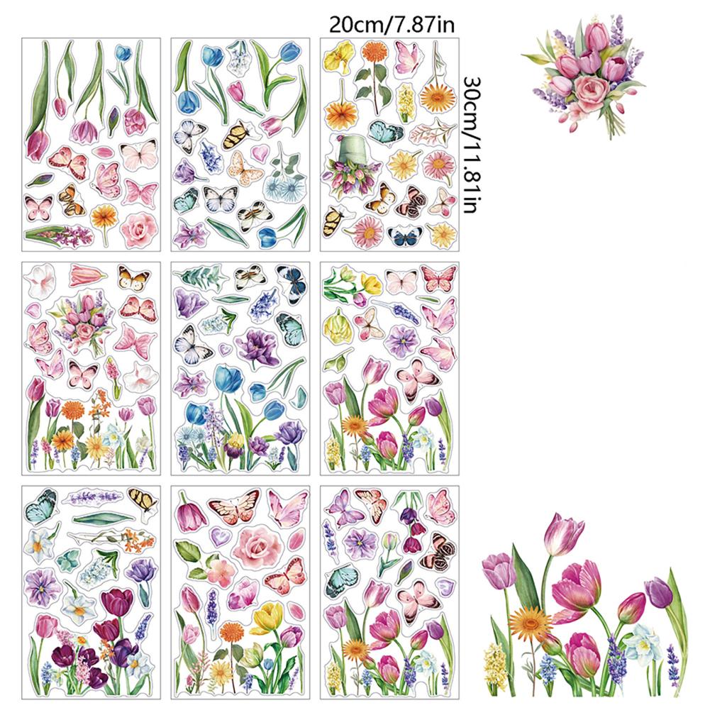 9 листов наклеек на окна двухсторонние акварельные тюльпаны бабочки цветы статическая наклейка на окно для декора окна
