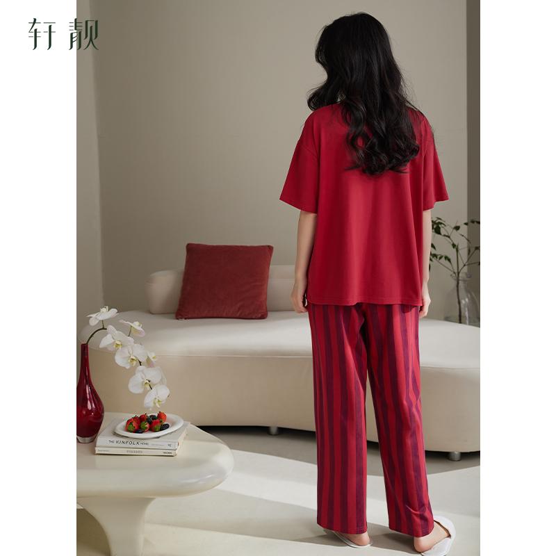 Xuan Liang Pajamas Women's Summer Summer Collection Pure Cotton Short Sleeved Pants Striped Red Birthday Large Home Furnishing Set