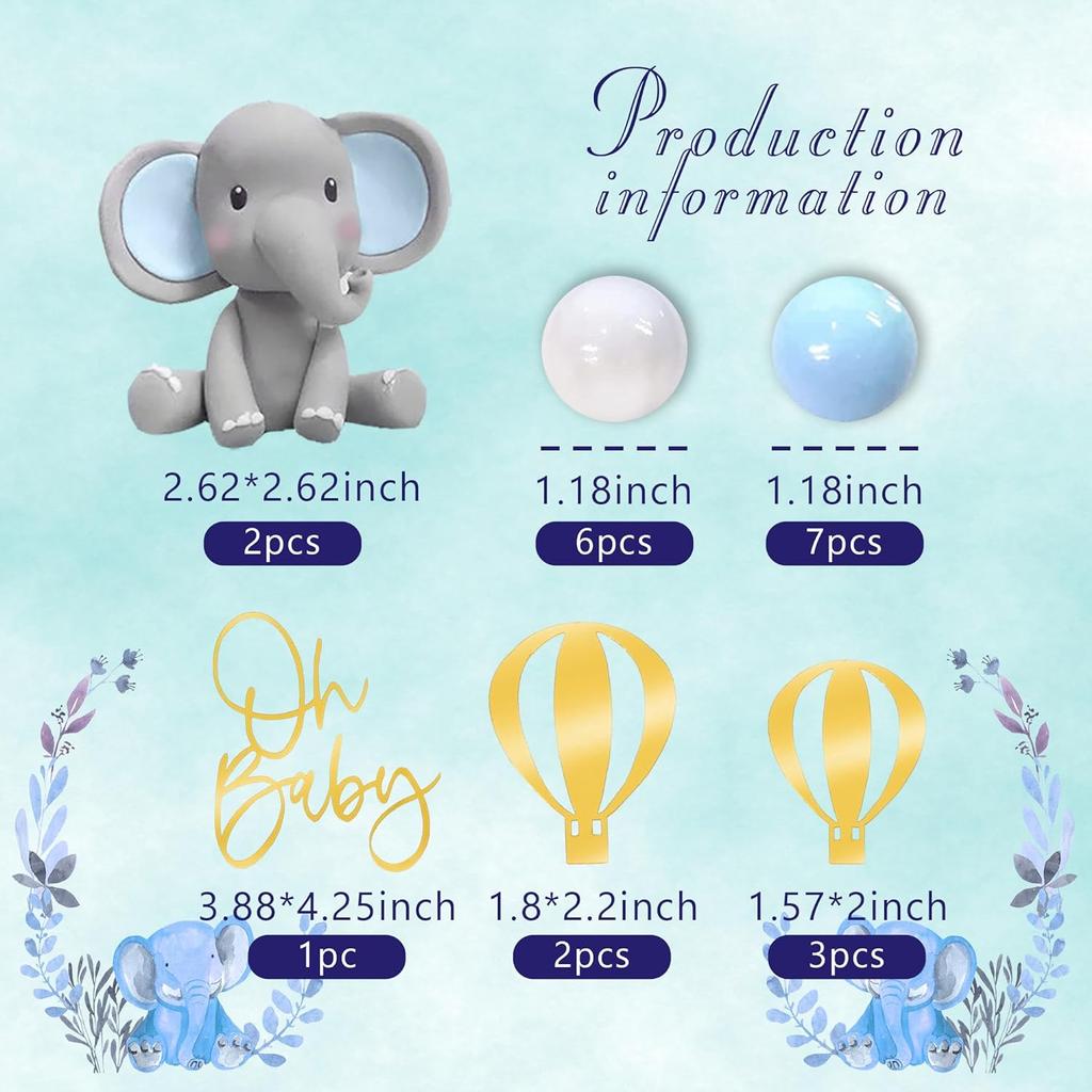 Elephant Cake Decoration Baby Cake Topper Blue White Pearl Balls Hot Air Balloon for Baby Shower Elephant Theme Birthday Party