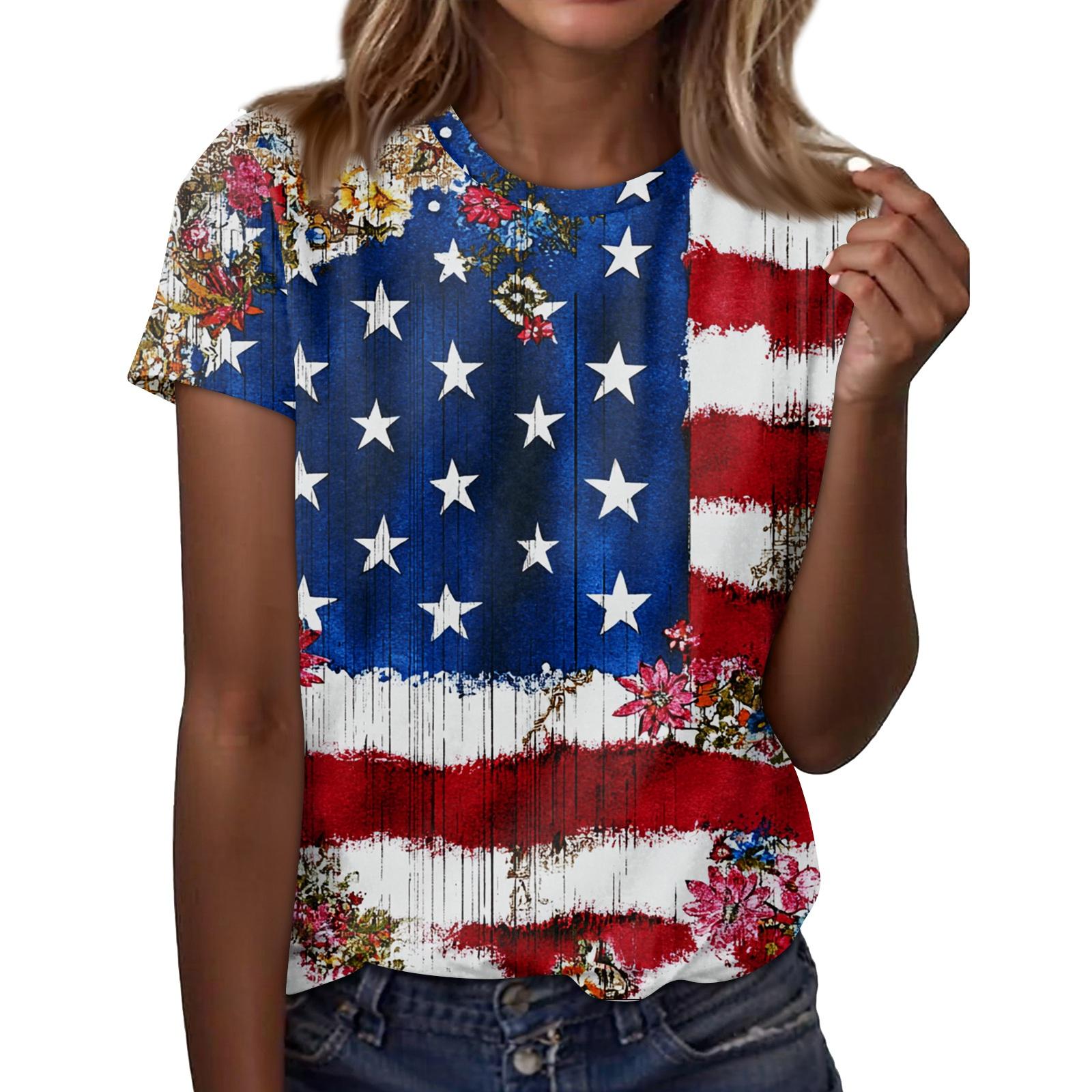 

Women s Round Neck Independence Day Print Lightweight Spring/Summer Top M Темно-синій