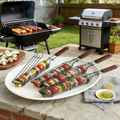 Cestello Griglia Mini Barbecue con Manici in Legno Gabbia Rotante Antiaderente per Pollo Verdure Frutti di Mare Cestello Portatile per Kebab per Campeggio Picnic