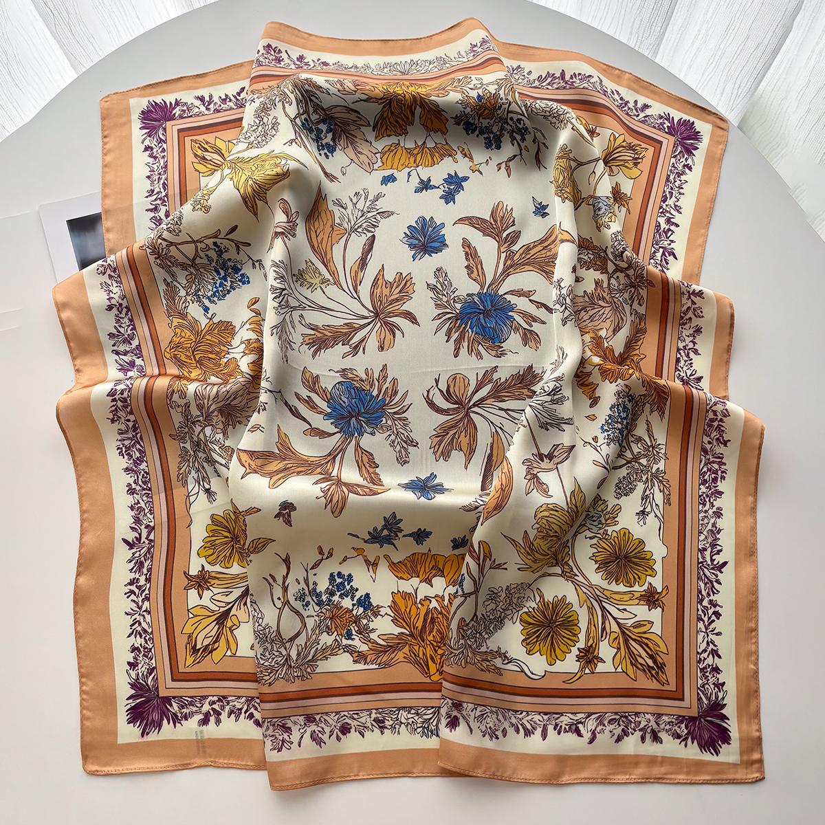 

Luxury Square Scarf For Women Elegant Ladies Hijab Neckerchief Floral Print Shawl Soft Stain Imitation Silk Bandana Bag Ribbon
