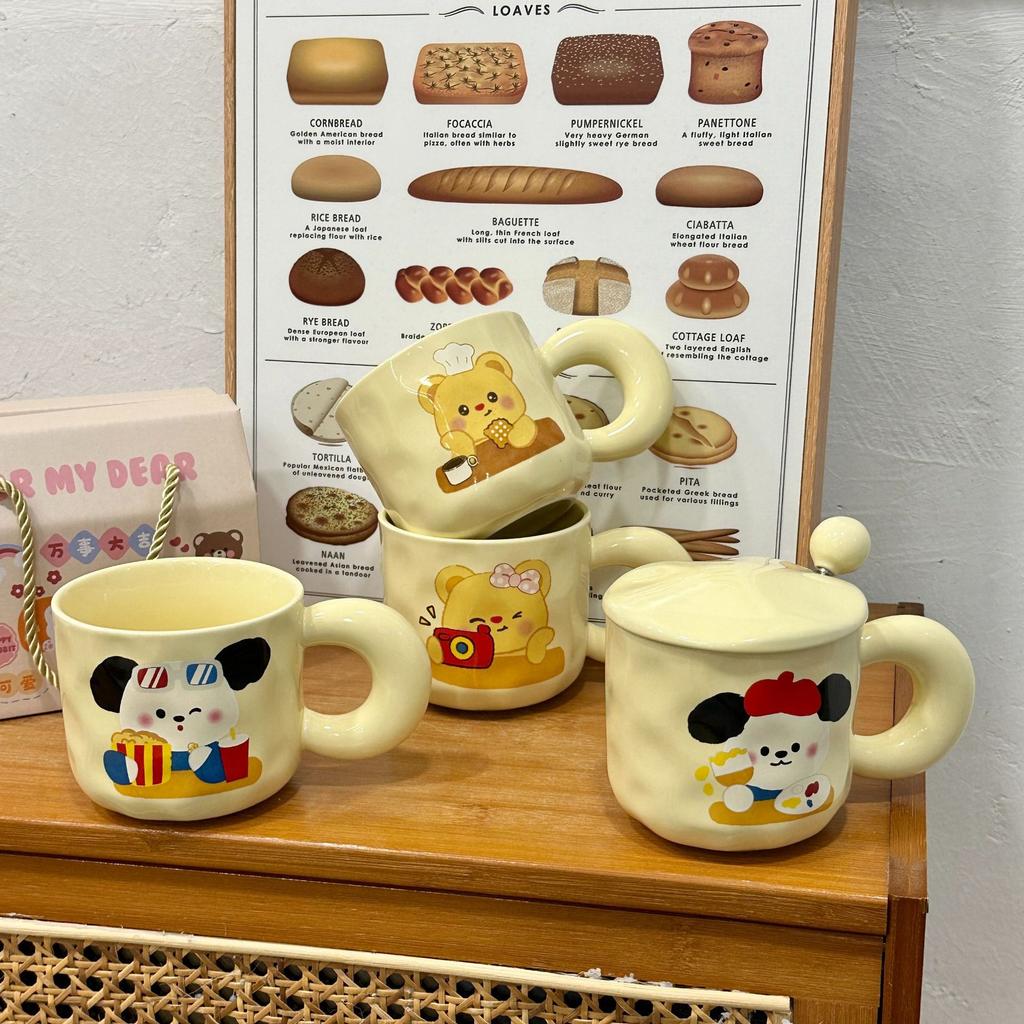 Mugg med lock och sked Söt liten björn Högvärdig vattenkopp Par Kreativ keramikmugg