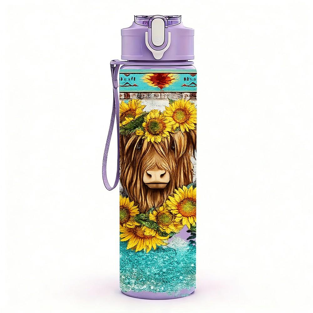 1PC Sunflower Highland Cow Farm Print 750ml Color Plastic Sports Water Bottle Leakproof Flip Straw Lid Suitable for Sports Office Home Use