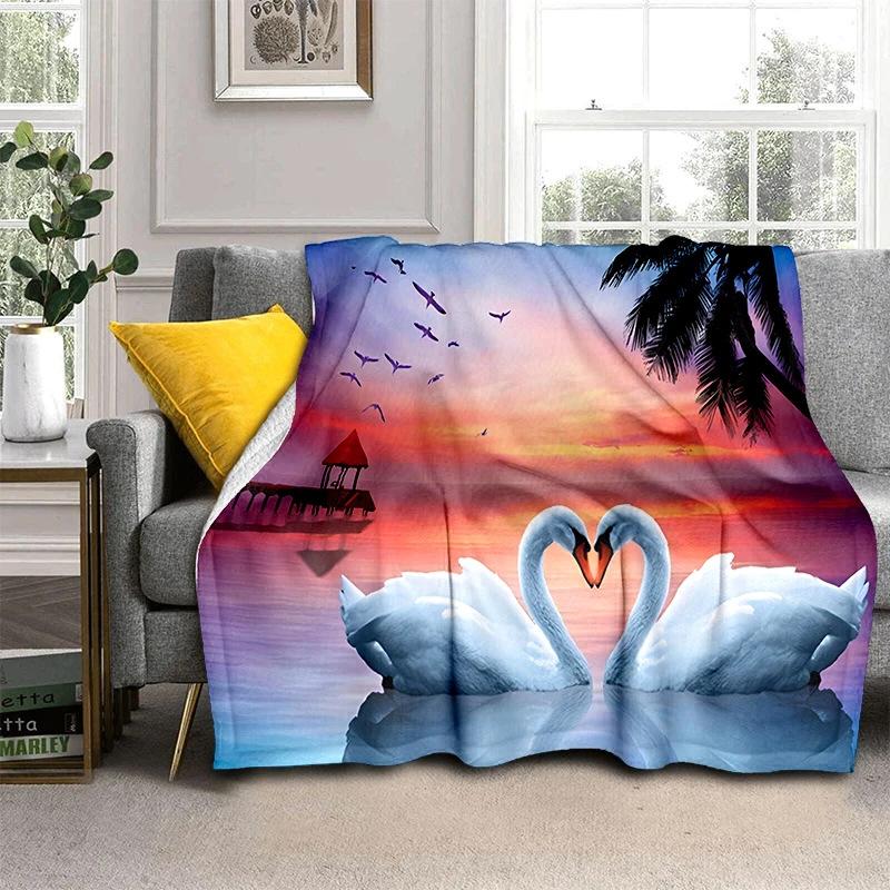 Romantic Swan Themed Blanket Couple Soft Flannel Blanket Holiday Gifts Air Travel Blanket