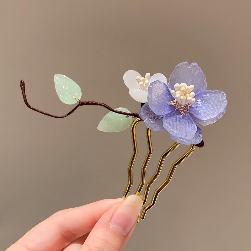 Vintage Flower Hairpin Elegant Chinese Style Glass Flower Hair Comb For Women Girls Exquisite Fairy Metal Hair Accessories 1pc