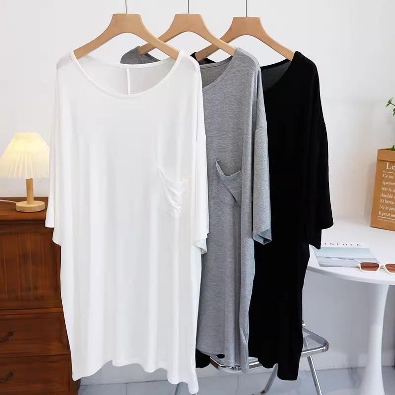 Dámské letní modální šaty plus size: Volný střih, Velký kulatý výstřih, Noční košile střední délky, Mateřský styl