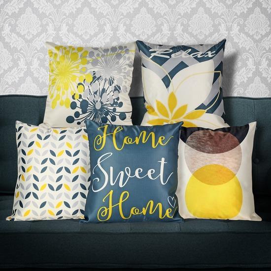 "Home Sweet Home" & Modern Yellow-Grey Decorative Pillow Set of 5
