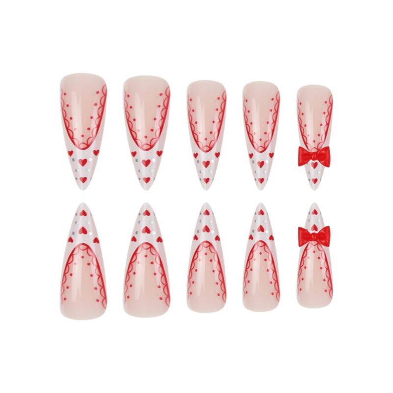 Cross-border European and American Valentine's Day Red Bow Love Manicure Piece White Lace French Manicure Patch Wholesale