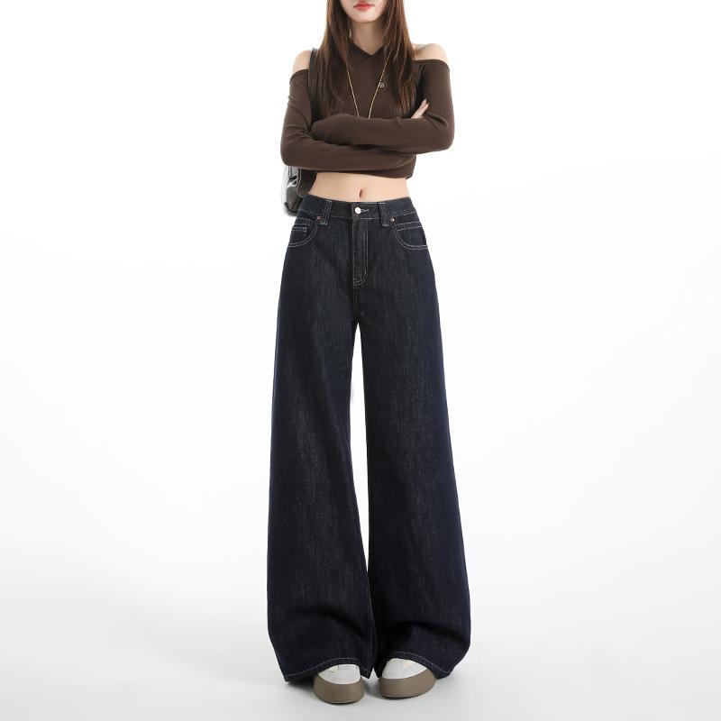 American retro Paris buckle high waist wide leg jeans women's autumn new loose drape straight trousers