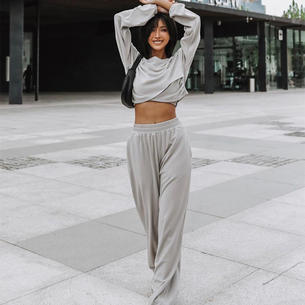 Women Solid Color Long Sleeve O Neck Hoodies Suit Autumn Winter Loose Top Wide Leg Pants