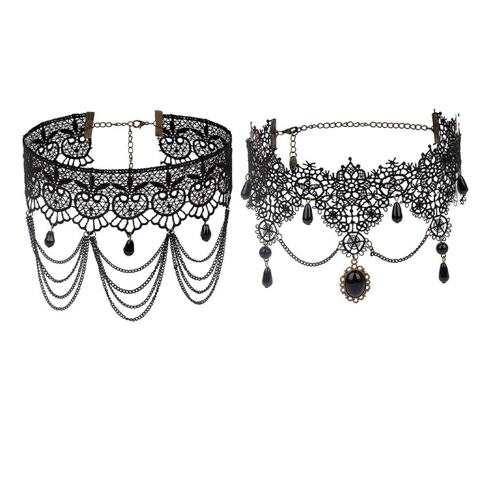 pcs Crystal Steampunk Style Boho Jewelry Gothic Necklace Gemstone Pendant Collar Chocker Black Lace