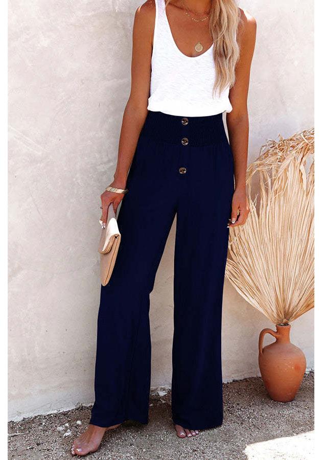 

2025 Women s Spring/Summer New Arrivals: European-American Style Solid Color Cotton Linen Elastic Loose Casual Wide-Leg Long Pants L темно-синий