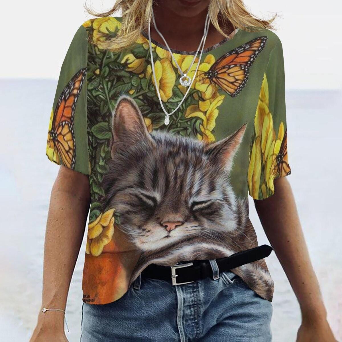 

Летний топ с круглым вырезом и принтом 3D Cat, модные повседневные женские футболки с короткими рукавами 6XL