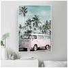 Dekorationsbild, skandinavisches Heimdekor, Ozeanlandschaft, Leinwand, nordischer Stil, Strand, rosa Bus, Wandkunstdruck, Gemälde
