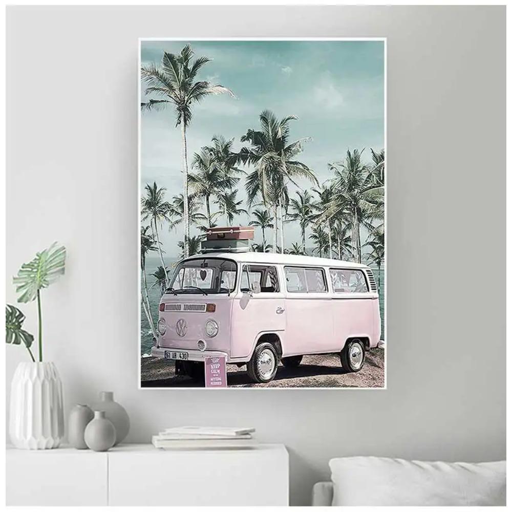 Dekorationsbild, skandinavisches Heimdekor, Ozeanlandschaft, Leinwand, nordischer Stil, Strand, rosa Bus, Wandkunstdruck, Gemälde