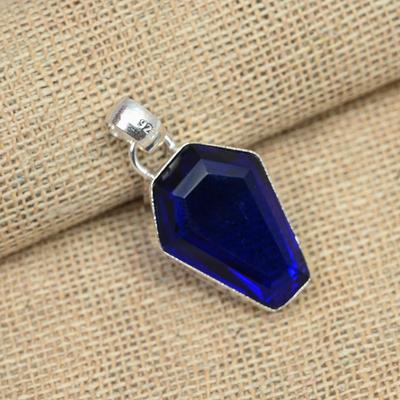 Blue Sapphire Lab-Created 925 Sterling Silver Handmade Jewelry Pendant