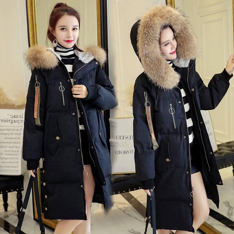 Abbigliamento alla Moda Cappuccio con Pelliccia Zip Lungo Stile Donna Caldo Piumino Cappotto Invernale Parka Cappotto